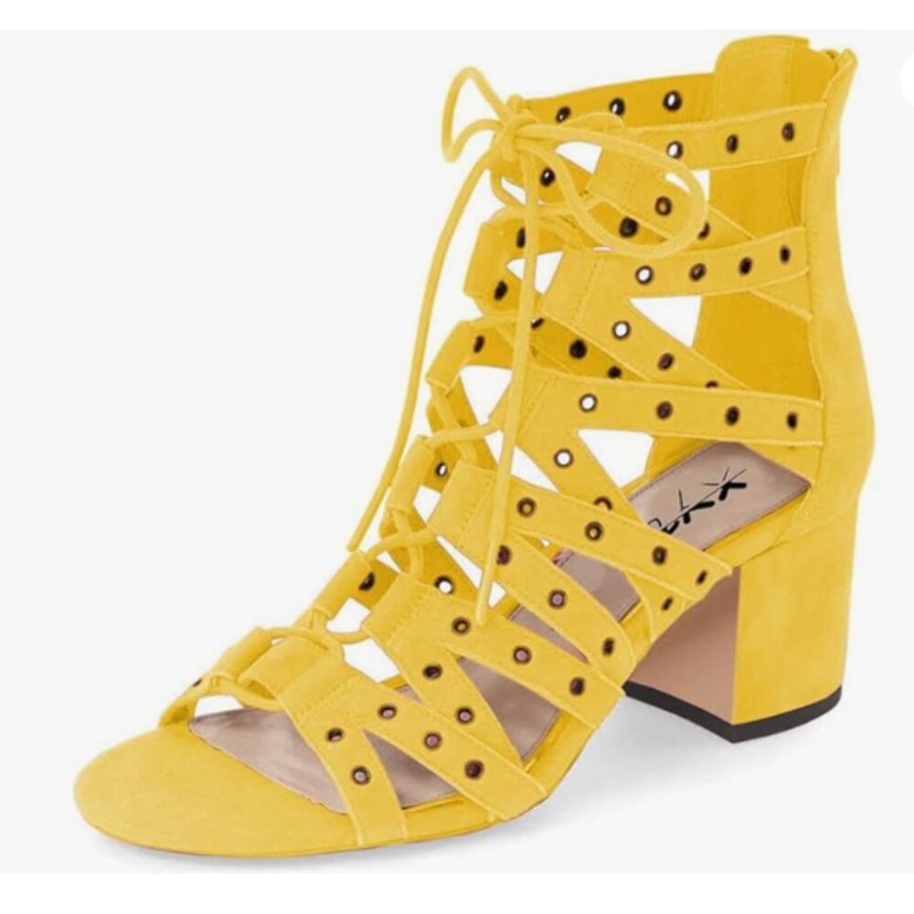 XYD Yellow Gladiator Caged Block Heel Sandal Open Toe Grommets Straps Dress Shoe